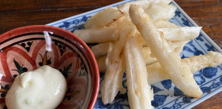 Spargel-Tempora auf blaugemustertem Teller mit Mist-Mayonnaise-Mischung in rot-blau gemustertem Schüsselchen