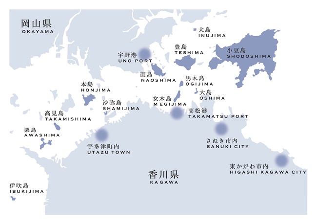 Übersichtskarte der teilnehmenden Orte der Setouchi Triennale