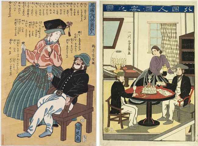 Ukiyo-e Holzschnitte, die Ausländer beim Weintrinken in der Meiji-Ära zeigen.